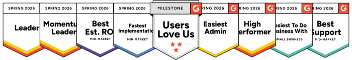G2 badges for Prodoscore in Spring 2026, including Leader, Momentum Leader, Easiest Setup, Easiest To Use, Users Love Us, Easiest Admin, High Performer, Easiest To Do Business With, and Best Support.